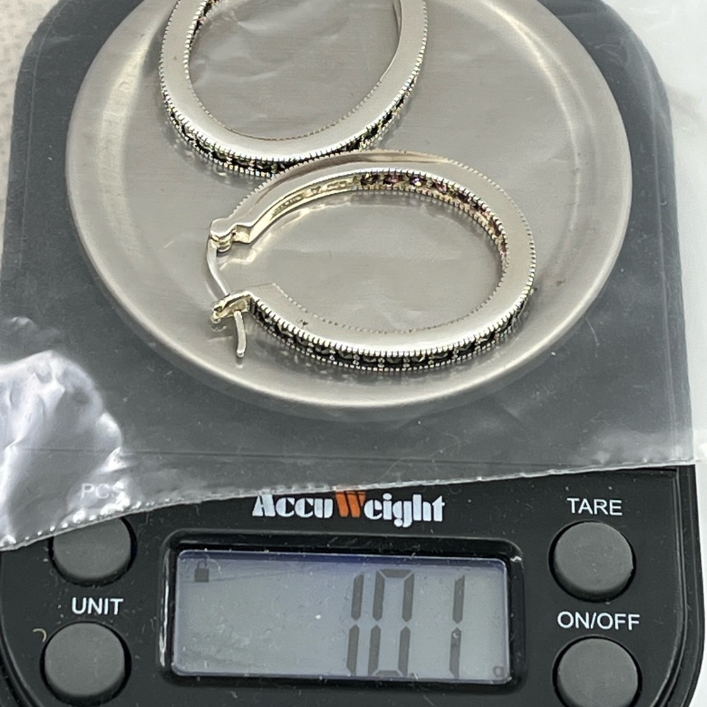 Vintage Suspicion 925 Sterling Silver Marcasite Hoop Earrings with Purple Gems - Picture 16 of 17